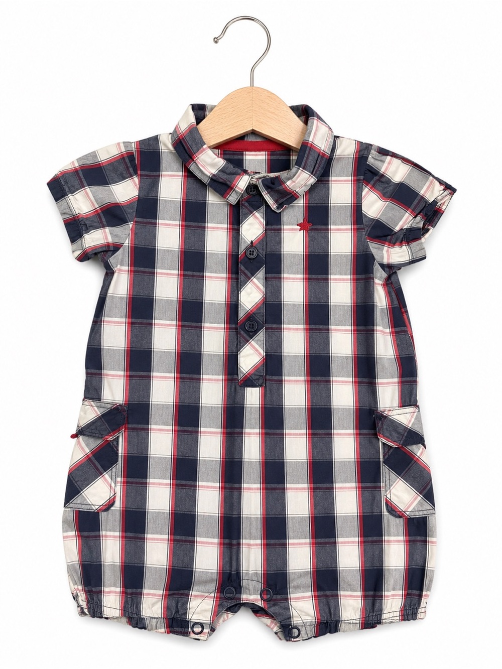 Carters Baby Boy Plaid Romper Navy Red White Cotton Cargo Pockets 24 Months